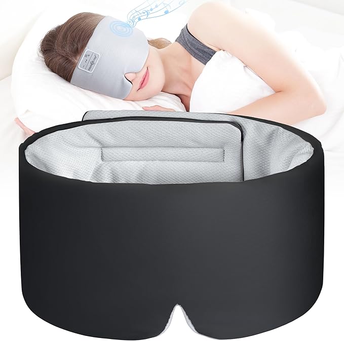MUSICOZY Ice Silk Sleep Headphones with Bluetooth Mask, Eye Mask for Sleeping in Total Darkness, 5.4 Bluetooth Sleep Mask Sleep Headphones, Soft, Gifts for Men Women (Black)
