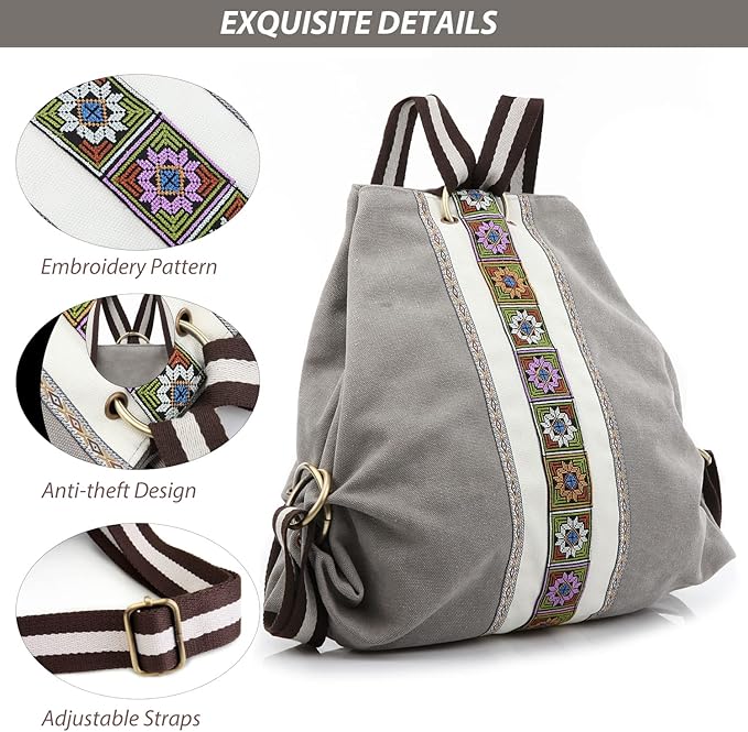 Goodhan Women Canvas Backpack Daypack Casual Shoulder Bag, Vintage Heavy-duty Anti-theft Travel Backpack, Light Grey