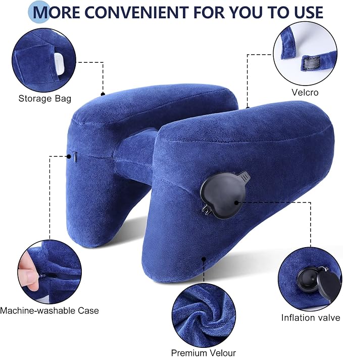 Sunany Neck Pillow for Travel Inflatable Airplane Pillow Comfortably Supports Head,Neck and Chin,Inflatable Travel Pillow with Soft Velour Cover,Hat,Portable Drawstring Bag (Blue)