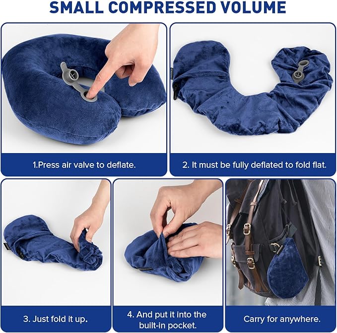 Rewondah Neck Pillows for Travel, Inflatable Travel Pillow, Inflatable Neck Pillow for Traveling Airplane with Soft Velour Washable Cover, Blow Up Neck Pillow for Airplanes Train Travel, Blue