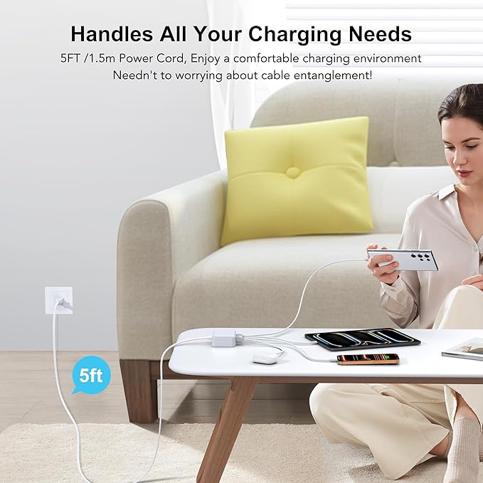 USB C Fast Charger, 100W GaN 6 Port Type C Charging Station Hub Block Cube, USB C Wall Charger Power Strip Adapter Plug for iPad iPhone 17 16 15 14 13 12 Pro Max Pixel Note Galaxy, 5ft Cord