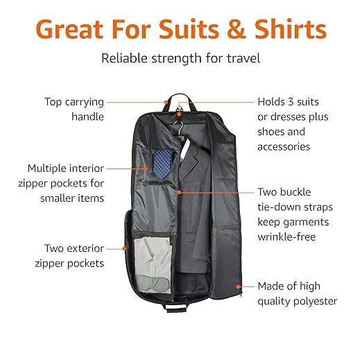 Amazon Basics 43" Premium Garment Bag for Travel, Suit Bag with Shoulder Strap for Suits and Dresses, 1680D Polyester Fabric, Exterior/Interior Pockets, Leather-reinforced Corners, Trifold, Black
