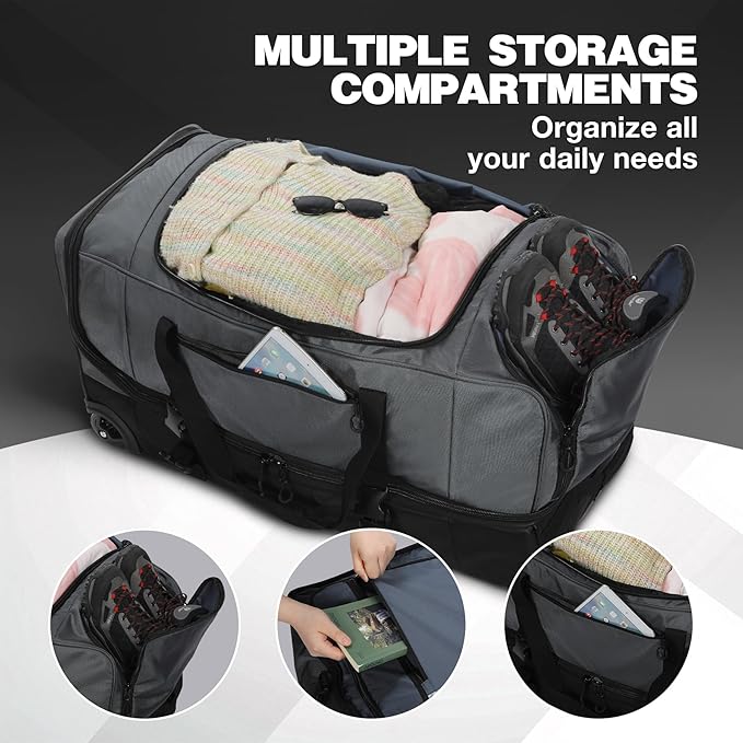 REDCAMP Large Rolling Duffle Bag with Wheels and Handle, 30-Inch Durable Heavy Duty Wheeled Travel Duffel Luggage, 2 Layers of Space