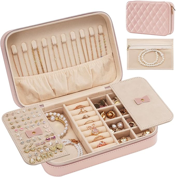 Lolalet Travel Jewelry Case for Women Girls, Travel Jewelry Organizer Box with Mirror & Clear Storage Bag, Small Portable Earring Necklace Bracelet Ring Case, Birthday Christmas Gifts -Medium, Pink