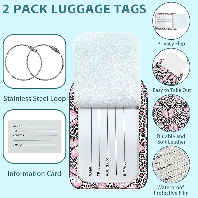 2 Pack Cute Luggage Tag for Suitcases Pink Butterfly and Leopard Leather Luggage Tags with Stainless Steel Loop Privacy Flap Name Tags,Men and Women Travel Bag Suitcase Tags