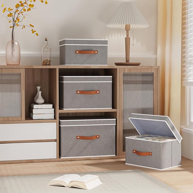Collapsible Storage Bins with Lids, Linen Foldable Cloth Baskets, 17.7 x 11.8 x 11.8 Inch Closet Organizer Containers with Double Handles, Sweater Boxes for Bedroom, Grey, 3 Pack