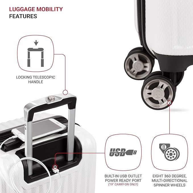 SwissGear 7272 Energie Expandable Hardside Luggage with Spinner Wheels and TSA Lock, White, Carry-On 19-Inch