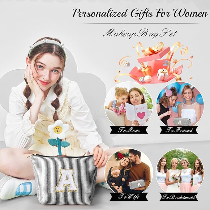 YOOLIFE Initial Makeup Bag for Women - Teen Girl Gifts Trendy Stuff Monogram Cute Makeup Bags Make Up Case for Women Her Best Friend Friendship Sister Teacher Birthday Gifts for Women Mom Black L