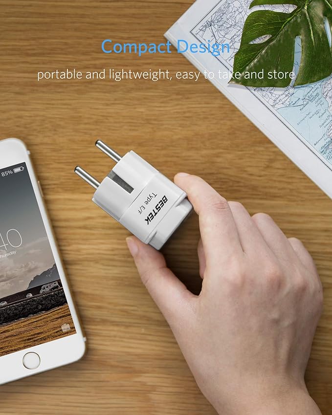 BESTEK Europe Travel Plug Adapter, Grounded Universal Type E/F Plug Adapter EU to US Adapter - Ultra Compact for Most of Europe, Asia Countries and More, 3 Pack