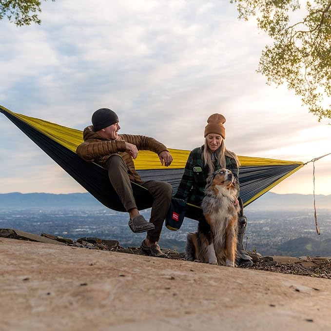 Grand Trunk Double Deluxe Parachute Nylon Hammock - 500lb Capacity Camping Hammock, 10.5x6.5ft, Lightweight & Durable (Navy/Light Blue)