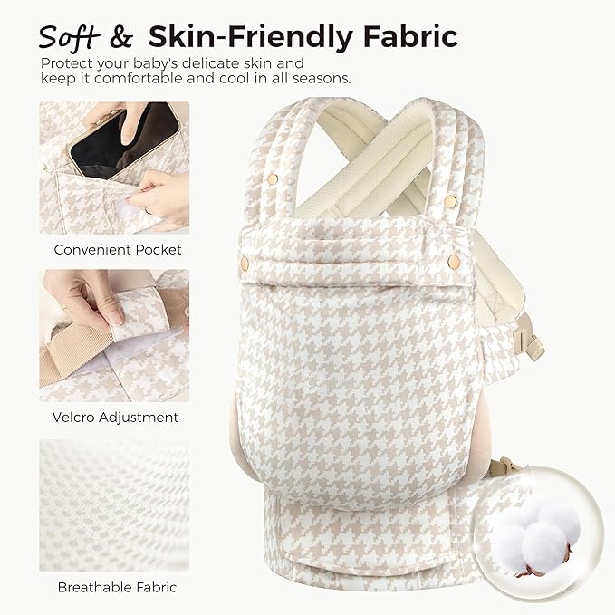 Baby Carrier Newborn to Toddler- Ergonomic,Cozy and Lightweight Infant Carrier for 7-40lbs,3 Carry Positions Newborn Carrier,Black Houndstooth