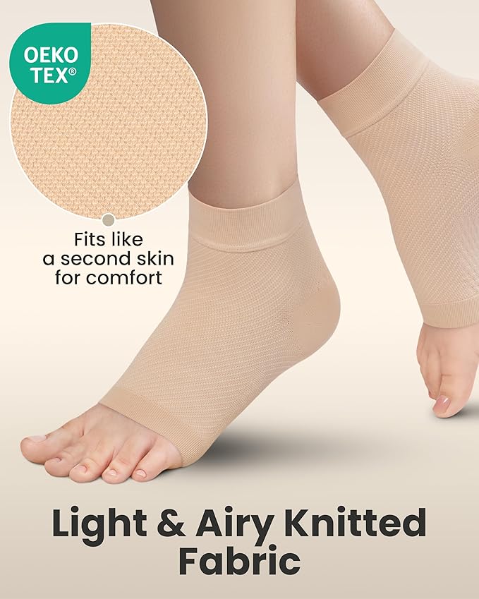 KEMFORD Ankle Compression Sleeve - Plantar Fasciitis Braces - Open Toe Compression Socks for Swelling, Sprain, Neuropathy, Foot Arch Support for Men and Women - 15-20mmhg, L, Beige