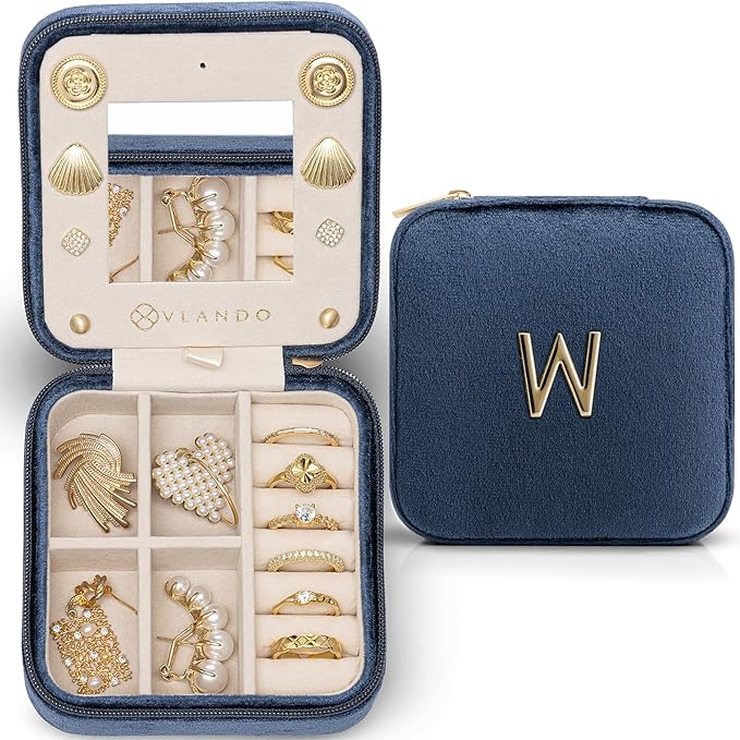 Vlando W Initial Jewelry Box, Women Travel Gifts - Dark Blue