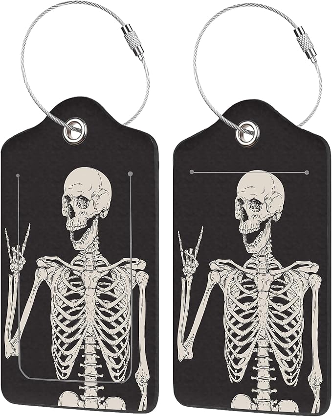 2 Pack Luggage Tag for Suitcase,Human Skeleton PU Leather Suitcase Tags Identifiers with Privacy Name Address Labels and Durable Steel Loop for Women Men Travel
