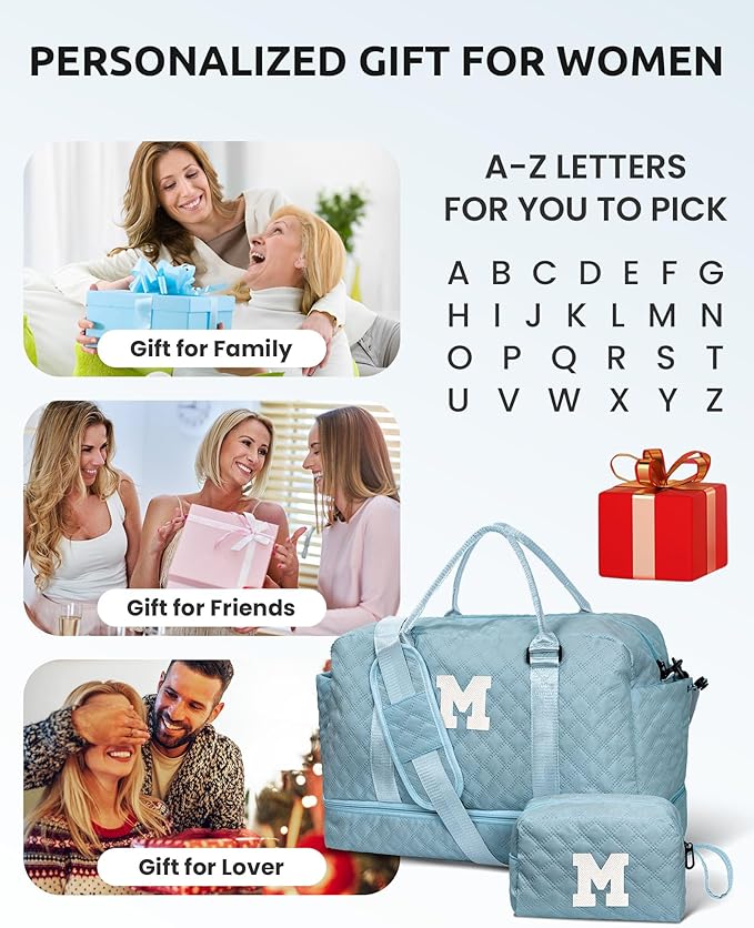 Personalized Gifts-Girls Duffle Bag with Shoe Compartment, Personalized Weekender Bag, Monogram Overnight Bag, Letter Travel Bag with Makeup Bag，Birthday Gift For Women Girl (Letter L)