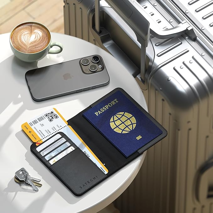 Satechi Passport Holder for Travel with Find My, Passport Cover with 4 Card Holder, Wireless Charging, and RFID protection – Travel Essential Vegan Leather Passport Holder – Black