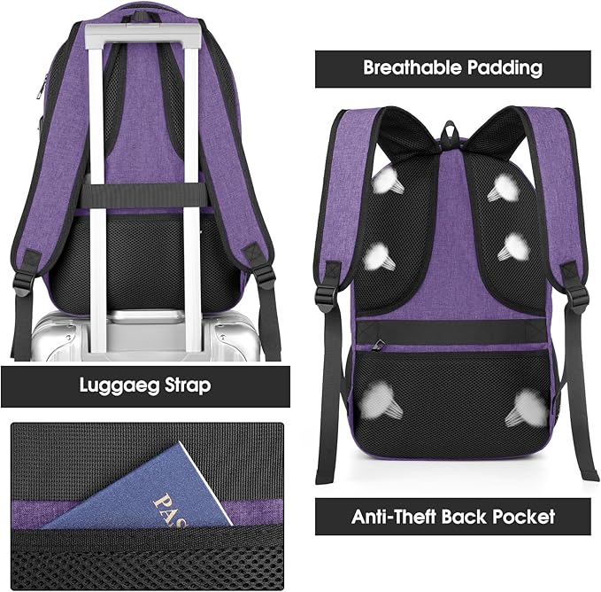 Backpack for Men Women, School Backpacks for Teen Boys, Business Anti Theft Sturdy Travel Laptop Backpack with USB Charging Port, Water Resistant 15.6 Inch Computer Bag Gift, Purple