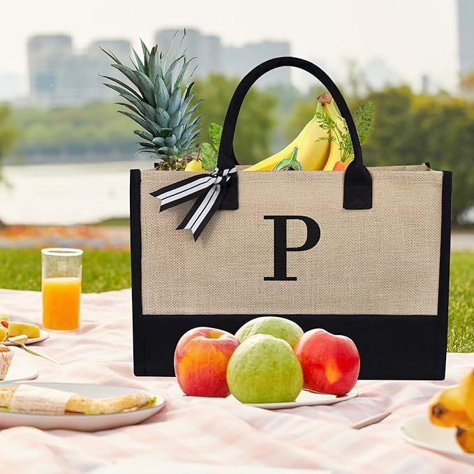 TOPDesign Initial Jute/Canvas Tote Bag, Personalized Present Bag, Suitable for Wedding, Birthday, Beach, Holiday, is a Great Gift for Women, Mom, Teachers, Friends, Bridesmaids (Letter P)