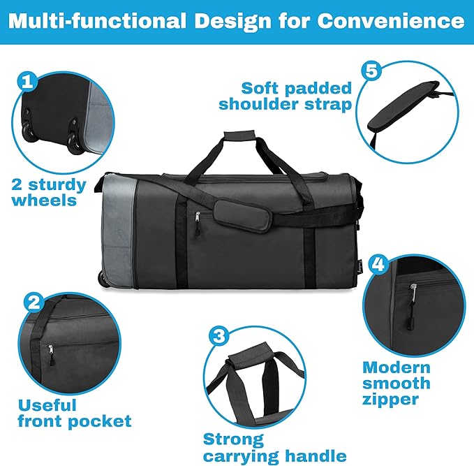 Finnhomy 100L Foldable Rolling Duffel Bag with 2 Wheels, Light Weight Travel Duffel bag with Large Loading Capacity, 32 inch Rolling Duffel bag with Shoulder Strap for Travel Camping Sports