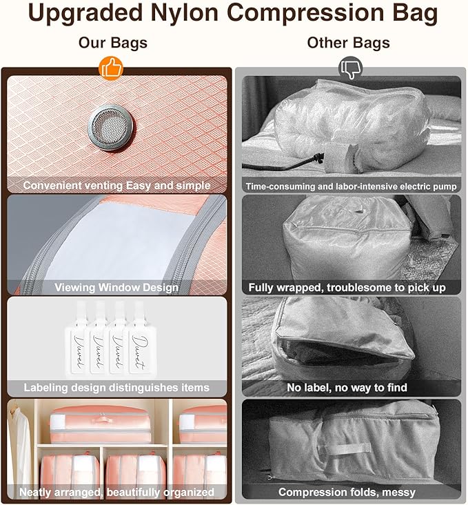 4 Pack Compression Storage Bags - 110L Large Capacity Comforter Storage Bag, 3-Layer Washable Ultra Space Saving Self Compression Organizer Space Bags for Blankets, Sweaters, Sheets, Pink