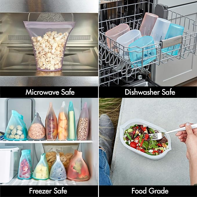 Zip Top Reusable Food Storage Bags | Medium Dish [Teal] | Silicone Meal Prep Container | Microwave, Dishwasher and Freezer Safe | Made in the USA