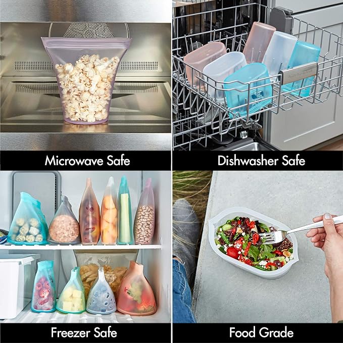 Zip Top Reusable Food Storage Bags | 3 Dish Set [Frost] | Silicone Meal Prep Container | Microwave, Dishwasher and Freezer Safe | Made in the USA