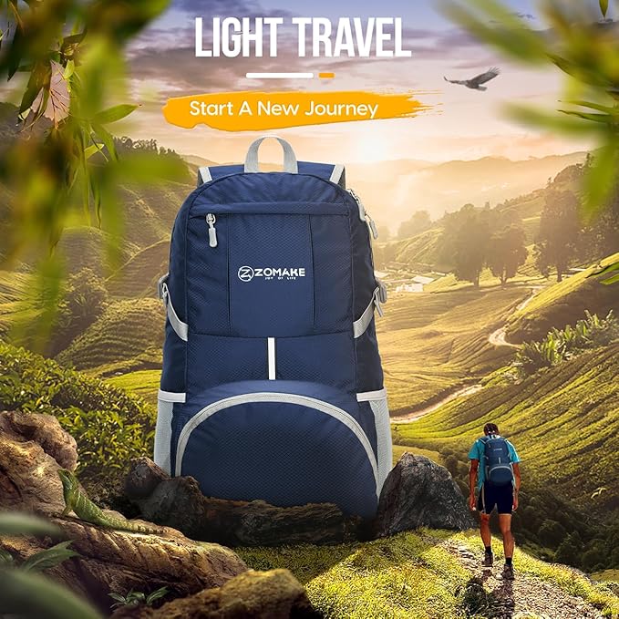 ZOMAKE Lightweight Packable Backpack 35L, Light Foldable Backpacks Water Resistant Collapsible Hiking Bag, Compact Folding Day Pack for Travel Camping(Navy Blue)