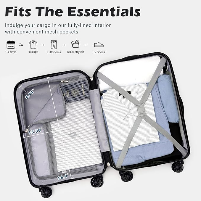Coolife Carry On Luggage Airline Approved with Wheels Hard Shell Suitcase Spinner TSA Lock Telescopic Handle 20-inch,Gray