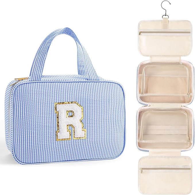 TOPEAST Travel Toiletry Bag Initial Makeup Bag for Teen Girls - Birthday Gifts for 7 8 9 10 11 12 13 14 15 16 17 18 Year Old Girls, Teen Girl Gifts Trendy Stuff - Letter R, Blue