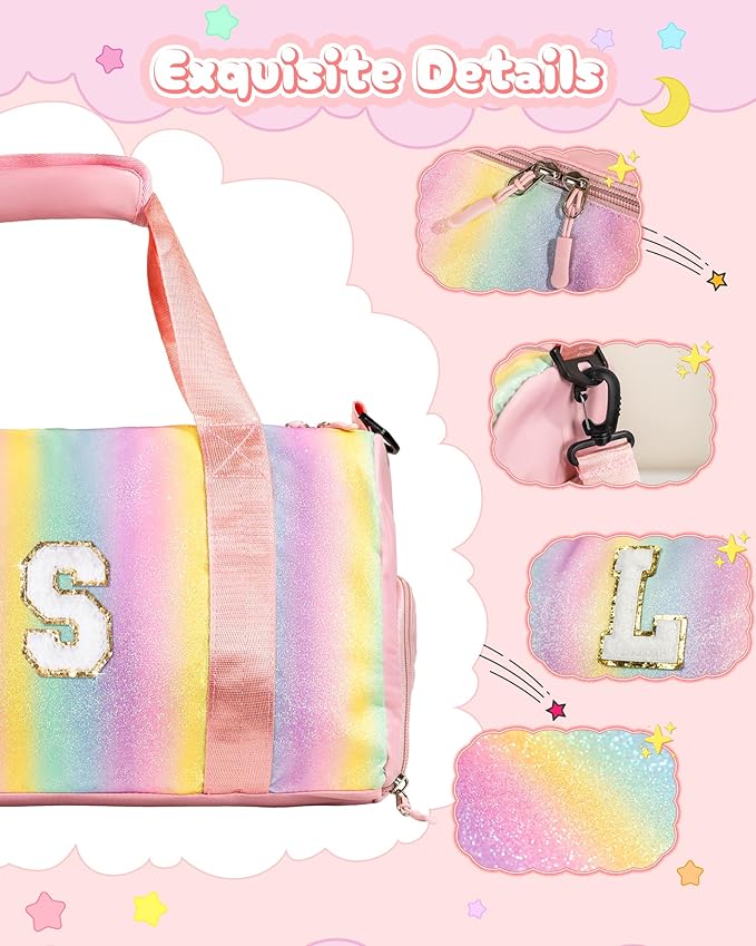 Birthday Gift for Daughter-Girl Gym Bag with Shoe Compartment, Kid Weekender Dance Bags, Initial Travel Tote with Makeup Pouch, Gifts for 5 6 7 8 9 10 11 12 Year Old Girls (Letter A)