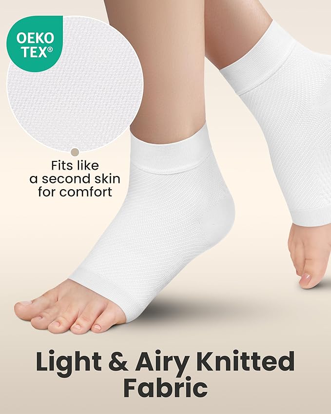 KEMFORD Ankle Compression Sleeve - Plantar Fasciitis Braces - Open Toe Compression Socks for Swelling, Sprain, Neuropathy, Foot Arch Support for Men and Women - 20-30mmhg, S, White