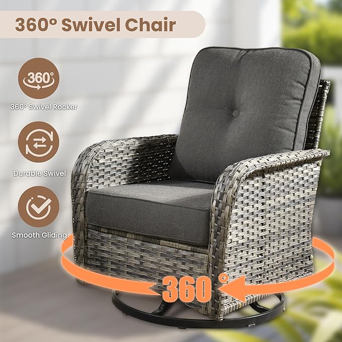 HOOOWOOO Patio Furniture Set,7 Pieces Outdoor Conversation Set,All Weather Wicker Loveseat Sofa Set with High Back Swivel Rocking Chairs Tables,Black