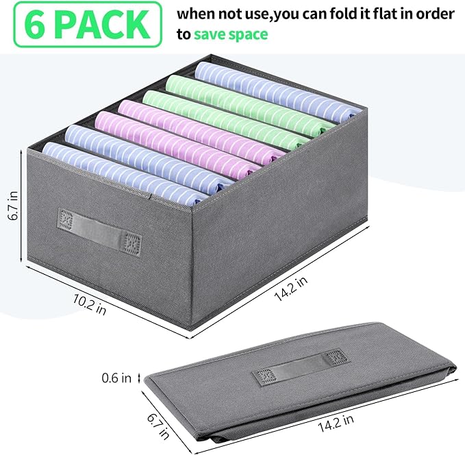 Jeans Organizer for Closet, Foldable Wardrobe Clothes Organizer with Handle, Stackable Closet Clothes Drawer Organizer Tshirts with 7 Grids for Leggings, Sweater, Jean, Pants, Grey (6 PACK)