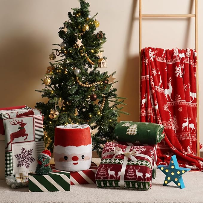 PHF Printed Fleece Throw Blanket, No Shed No Pilling Ultra Soft Plush Cozy Xmas Prints Theme Home Décor Flannel Blanket for Bed, Sofa, Couch and Gift, 50" x 60", Reindeer and Trees, Red