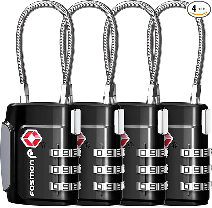Fosmon TSA Approved Cable Locks for Luggage, Suitcase, Gun Case Lock with Push Release Button, 3 Digit Long Shackle Combination Wire Lock for Backpack