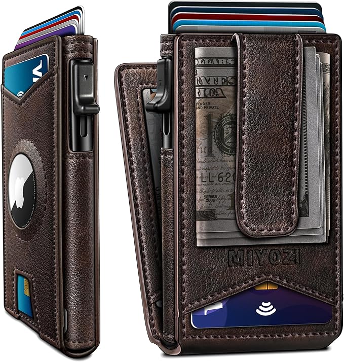 Airtag Wallet for Men,with Money Clip Gift Boxed,Slim Front Pocket Wallet RFID Blocking Metal Case Smart Pop-up Credit Card Holder in Magnetic Leather Flip