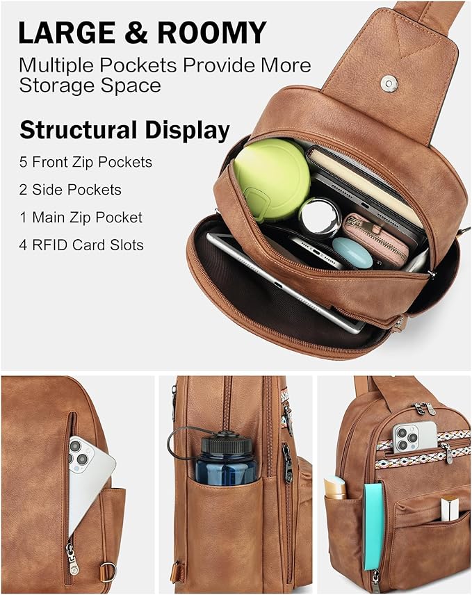 FADEON Large Sling Bag for Women, Leather Crossbody Purse Designer Anti Theft Sling Backpack, RFID Fanny Packs for Travel