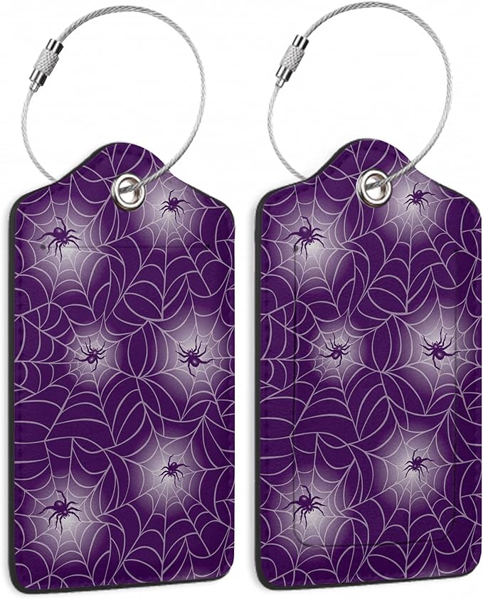 Halloween Luggage Tags Set of 2 Purple Spider Web Leather Suitcase Tags with Stainless Steel Loop and Privacy Cover for Women Men Travel Luggage Accessories