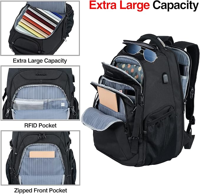 KROSER Travel Laptop Backpack 18.4 Inch XXXL Gaming Backpack with Hard Shell Saferoom RFID Pockets Water-Repellent Business College Daypack Stylish Laptop Bag for Men/Women-Black