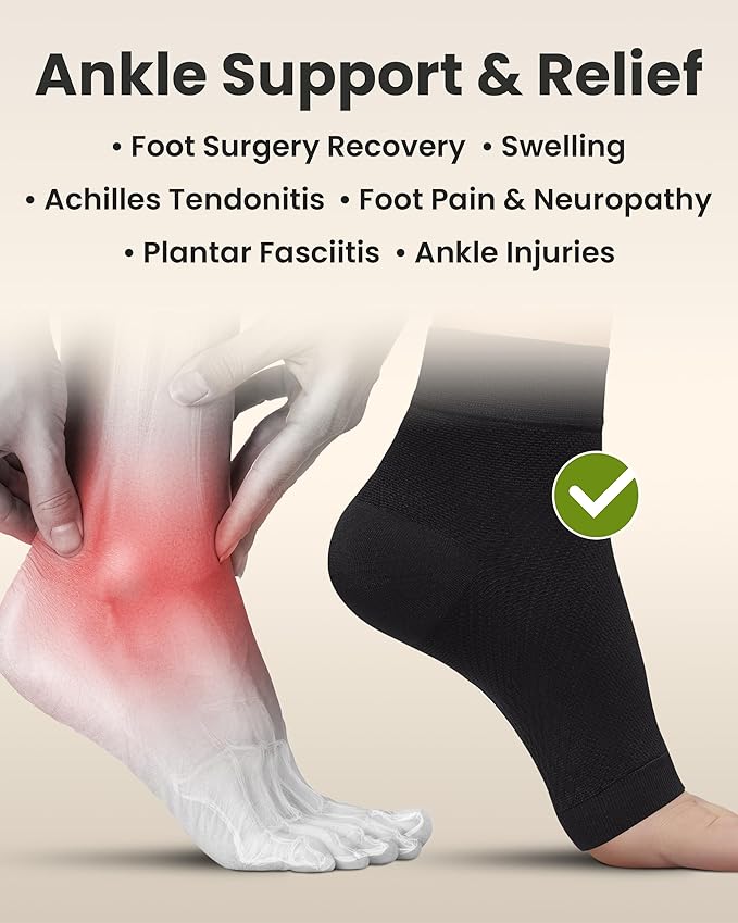 KEMFORD Ankle Compression Sleeve - Plantar Fasciitis Braces - Open Toe Compression Socks for Swelling, Sprain, Neuropathy, Foot Arch Support for Men and Women - 15-20mmhg, 2XL, Black