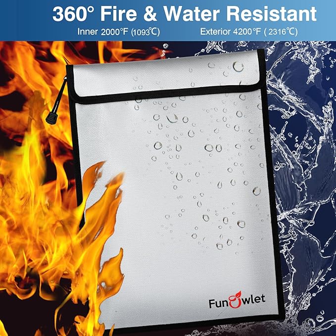 FunOwlet Fireproof Waterproof Document Bag, Fire and Water Resistant Safe Zipper Storage Organizer Pouch for A4/A5 Documents Holder, File, Cash, Jewelry, Passport, Tablet, Laptop, 3 Pack (Gray)
