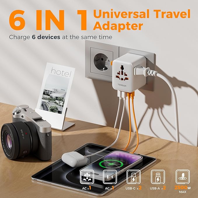 TESSAN Universal Travel Adapter, Power Adapter Worldwide with Extra 2 Prong AC Outlet, 4 USB Ports (2 USB C), International Plug Adaptor for US to Europe Italy UK Australia Ireland (Type C G A I)