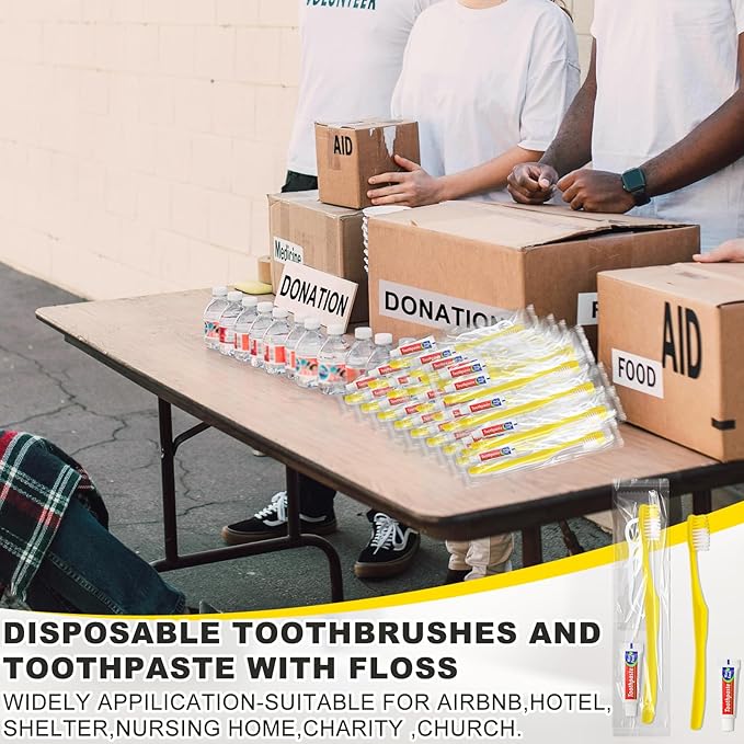 50 pcs Disposable Toothbrushes with Toothpaste and Floss,Yellow Bulk Single Use Toothbrush Floss Pick Individually Wrapped Disposable Travel Toothbrushes Kit for Homeless,Airbnb,Hotel,Guest