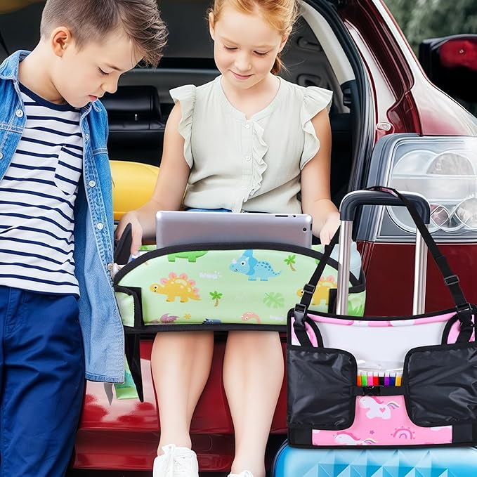 2PCS Kids Travel Tray, Car Seat Tray for kids Travel, Toddler Road Trip Essentials With Drawing Kit, Toddler Lap Desk Organizer for Car, Carseat Table for Airplane
