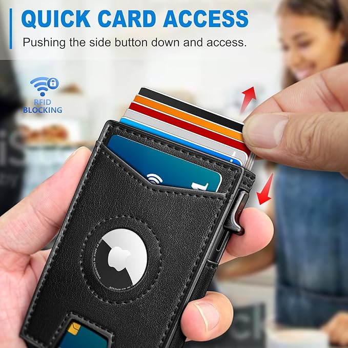 Airtag Wallet for Men,with Money Clip Gift Boxed,Slim Front Pocket Wallet RFID Blocking Metal Case Smart Pop-up Credit Card Holder in Magnetic Leather Flip