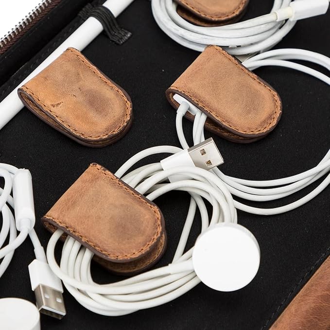 Medicine Handmade Leather Cable Organizer Bag – Full-Grain Leather Travel Tech Case for Cords, Chargers & Accessories – Zippered Storage for Men & Women (Antic Brown)
