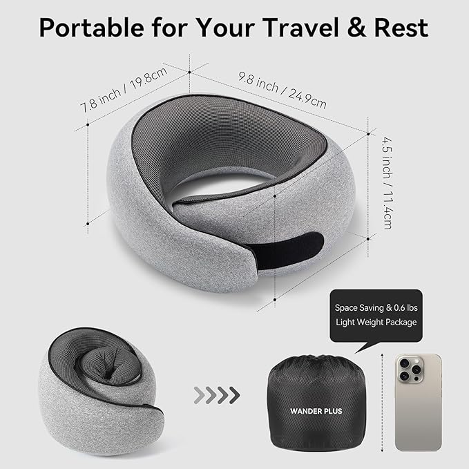 WANDER PLUS® Genuine Travel Pillow, 100% Pure Memory Foam Neck Pillow for Airplanes, Comfortable Breathable Cover, 360° Support Stowable Pillows for Sleeping, Car, Airport Travel Essentials Sky Blue