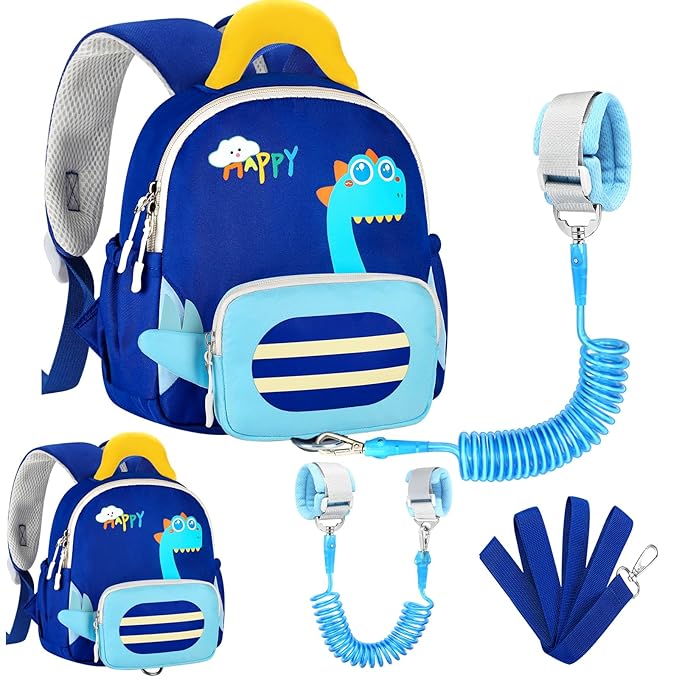 Accmor Toddler Leash Backpack with Anti Lost Wrist Link, Cute Dinosaur Bag with Removable Little Pouch Children Safety Walking Harness, Kids Travel Essential Mini Back Pack with Tether for Baby Boys