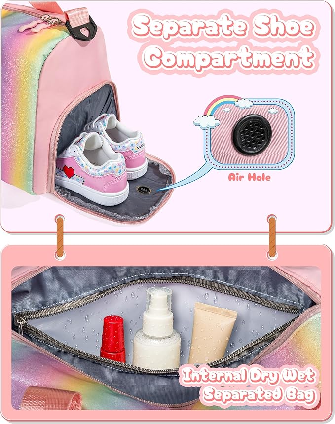Birthday Gifts for 3 4 5 6 7 8 9 10 11 12 Year Old Girls-Girl Gym Bag with Shoe Compartment, Kid Personalized Weekender Overnight Bags, Initial Travel Tote with Makeup Pouch (Letter B)