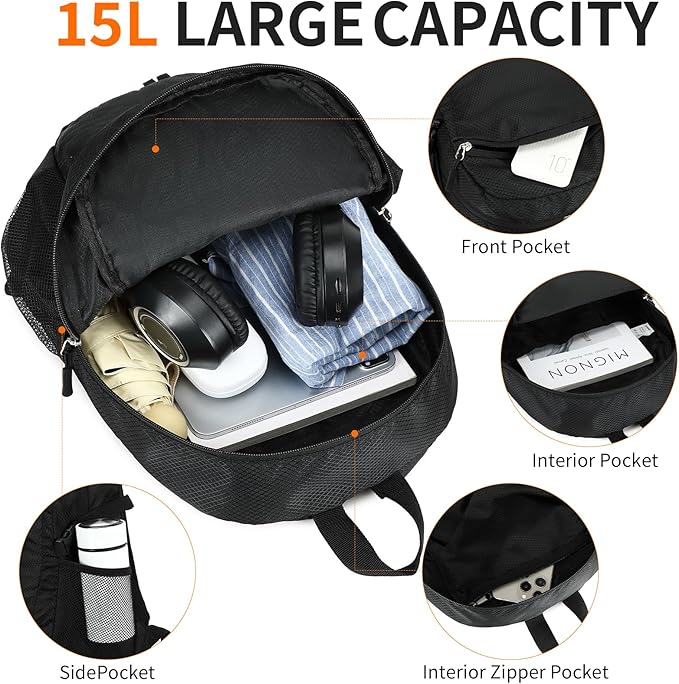 Small Hiking Daypack,15L Water-Resistant Hiking Backpack Packable Lightweight Travel Day Pack for Women Men (Black, Small)